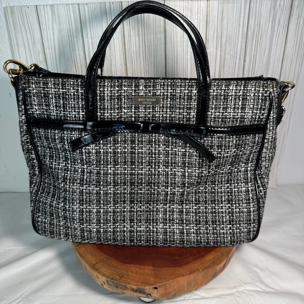 Kate Spade New York Black White Tweed Patent Bow Satchel Shoulder Bag PXRU3909